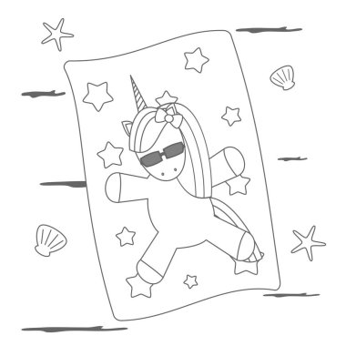 boyama sanatı için plaj komik vektör siyah beyaz illüstrasyon sevimli karikatür tek boynuzlu at