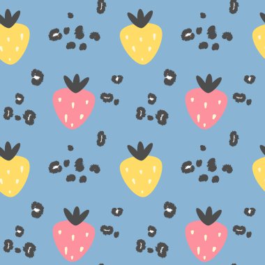 çilek ve leopar noktalar ile hayvan baskı ile soyut modern dikişli vektör desen arka plan illüstrasyon