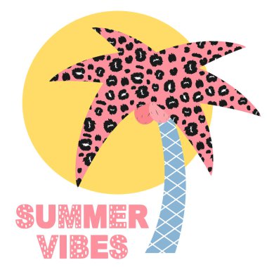 palmiye ağacı ve güneş ile sevimli yaz vibes vektör kartı