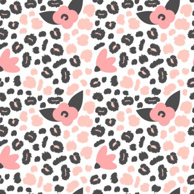 leopar noktalar ve çiçekler ile pembe ve siyah hayvan baskı ile sevimli dikişsiz vektör desen arka plan illüstrasyon