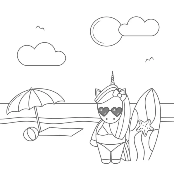 Cute Cool Cartoon Unicorn Surfer Beach Funny Black White Summer — Stock Vector