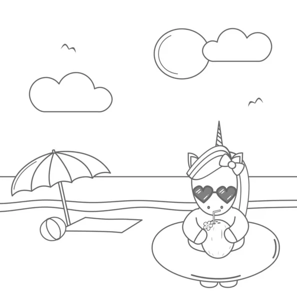 Roztomilý Skvělý Kreslený Jednorožec Slunečními Brýlemi Plovoucí Kokosový Džus Pláži — Stockový vektor