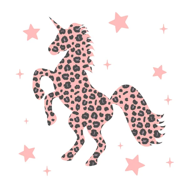 Милый Розовый Единорог Силуэт Изображением Животных Леопардовыми Точками Звезды Векторные — стоковый вектор