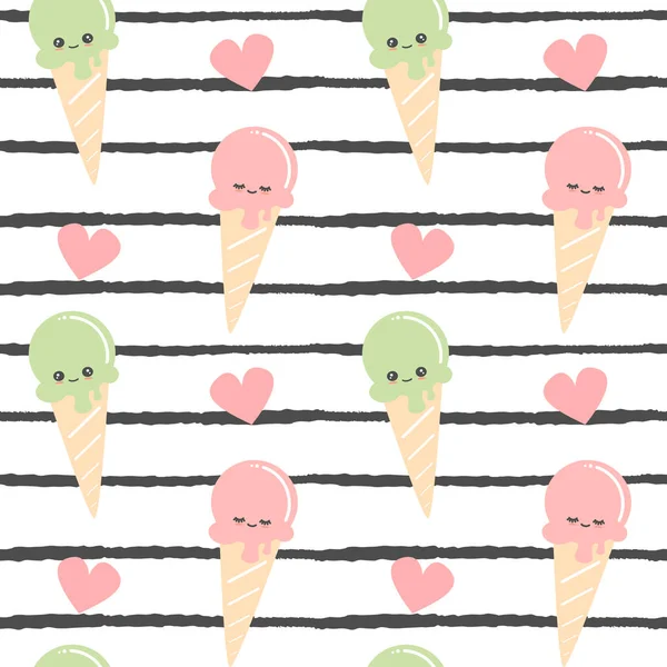 可爱的卡通冰淇淋无缝矢量模式插图上黑白条纹背景 — 图库矢量图片