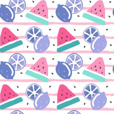 çizgili arka plan üzerinde karpuz dilimi, tohum ve limon ile sevimli renkli el çizilmiş yaz dikişsiz vektör desen illüstrasyon