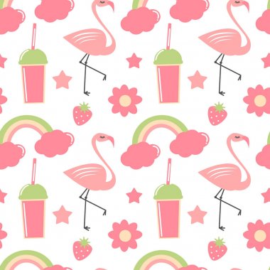 flamingo, gökkuşağı, çiçekler, yıldızlar, çilek ve smoothies ile sevimli el çizilmiş yaz dikişsiz vektör desen arka plan illüstrasyon