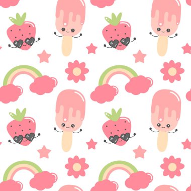sevimli renkli karikatür el dondurma, çilek, çiçek, gökkuşağı ve yıldız ile sorunsuz vektör desen arka plan illüstrasyon çizilmiş