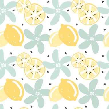 limon, limon dilimi, tohum ve çiçek ile sevimli modern yaz dikişsiz vektör desen arka plan illüstrasyon