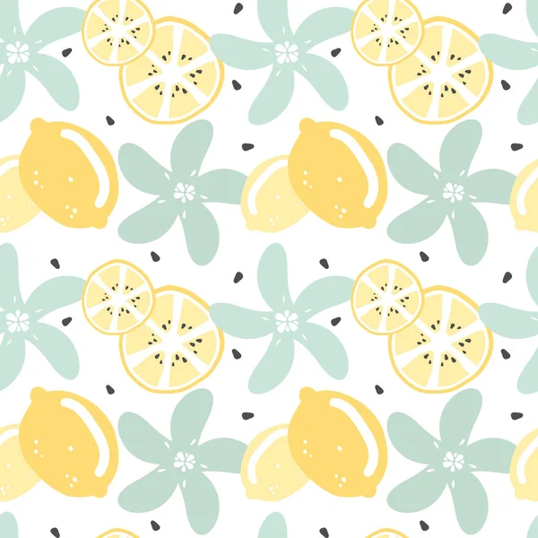 かわいい現代の夏シームレスベクトルパターン背景イラストレモン レモンスライス 種子や花 — ストックベクタ
