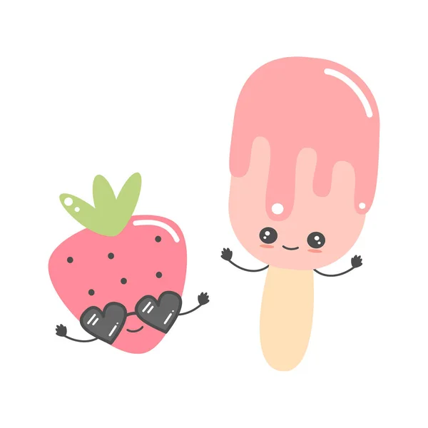 Mignon Dessin Animé Fraise Avec Lunettes Soleil Crème Glacée Personnage — Image vectorielle