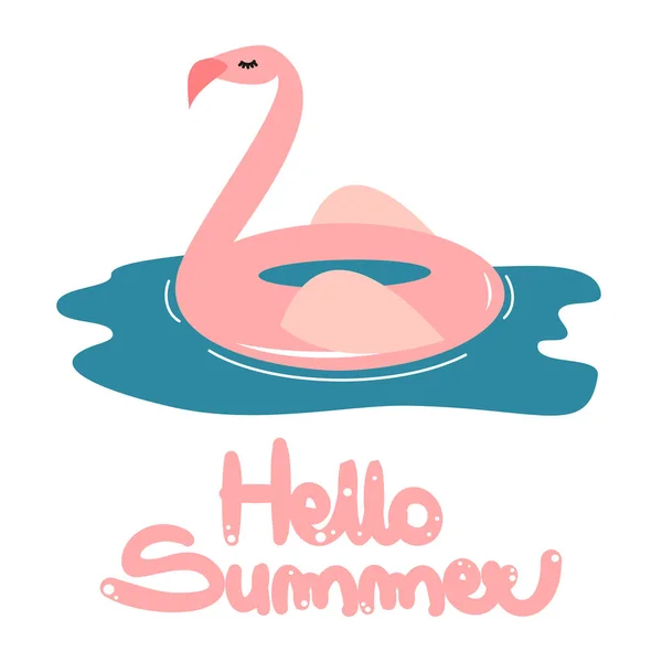 Karikatür Pembe Flamingo Float Ile Sevimli Çizilmiş Yazı Merhaba Yaz — Stok Vektör