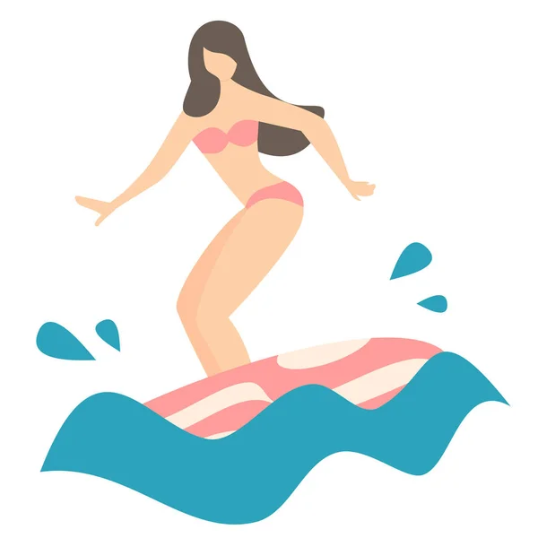 Niedlichen Cartoon Flache Mädchen Mit Surfbrett Reiten Eine Welle Vektor — Stockvektor