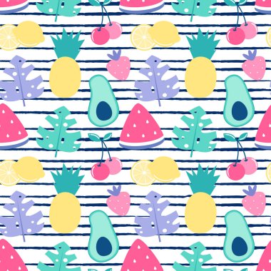 ananas, avokado, çilek, kiraz, limon, karpuz ve egzotik yaprakları ile renkli yaz dikişsiz vektör desen arka plan illüstrasyon