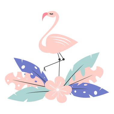 egzotik tropikal yaprakları ve çiçek vektör illüstrasyon beyaz arka plan üzerinde izole ile sevimli pembe flamingo