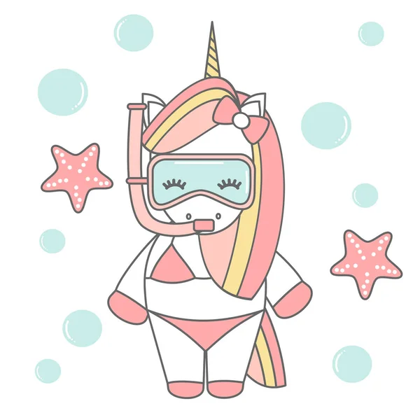 Drăguț Desen Animat Minunat Vara Unicorn Snorkeling Mască Scufundări Mare — Vector de stoc