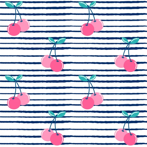 Cute Summer Cherries Seamless Vector Pattern Illustration Blue White Striped — Stock Vector
