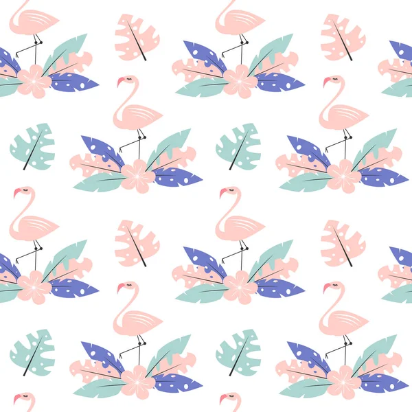 Милый Розовый Фламинго Экзотическими Тропическими Листьями Бесшовные Векторные Рисунки Рисунка — стоковый вектор