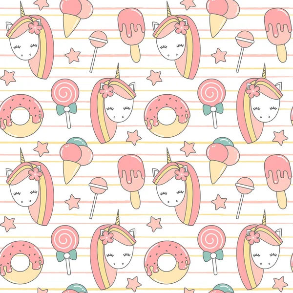 Cute Lovely Seamless Vector Pattern Background Illustration Cartoon Unicorn Donuts — Stock Vector