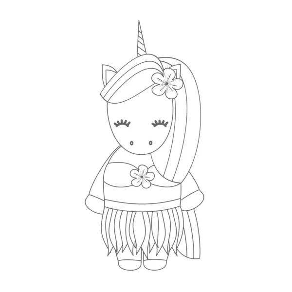 Cute Lovely Black White Cartoon Hawaiian Unicorn Funny Vector Illustration — Stock Vector