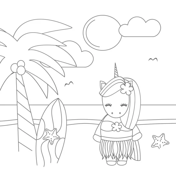 Cute Lovely Black White Cartoon Hawaiian Unicorn Beach Funny Vector — Stock Vector