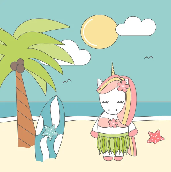 Drăguț Minunat Desen Animat Hawaiian Unicorn Plaja Amuzant Vector Ilustrare — Vector de stoc