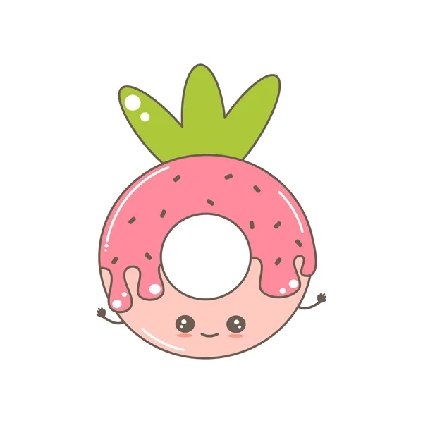 Söt Tecknad Vektor Karaktär Donut Strawberry Rolig Illustration Isolerad Vit — Stock vektor