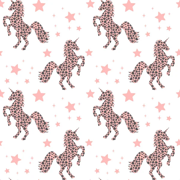 Милый Розовый Силуэт Единорога Изображением Животных Леопардовыми Точками Звездами Бесшовный — стоковый вектор