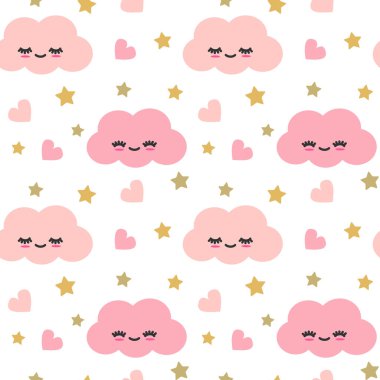 sevimli güzel karikatür pembe bulutlar dikişsiz vektör desen arka plan illüstrasyon kalpleri ve altın yıldız ile