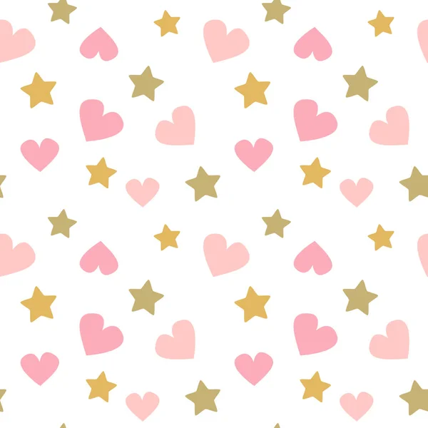 かわいい素敵なシームレスなベクトルパターンの背景赤ちゃんプリントイラストと落書きピンクのハートと黄金の星 — ストックベクタ