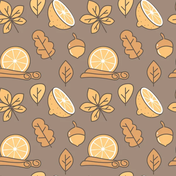 かわいい秋シームレスベクトルパターン背景イラストと葉 シナモン ドングリ オレンジとレモンスライス — ストックベクタ