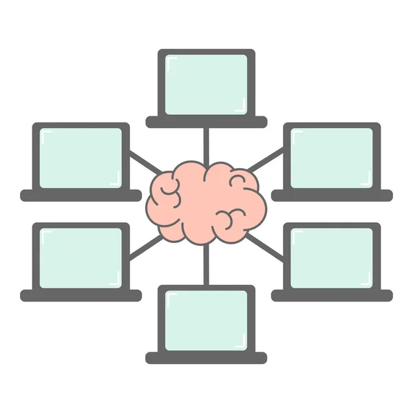 一组笔记本电脑连接和大脑网络通信和网络研讨会概念载体插图 — 图库矢量图片