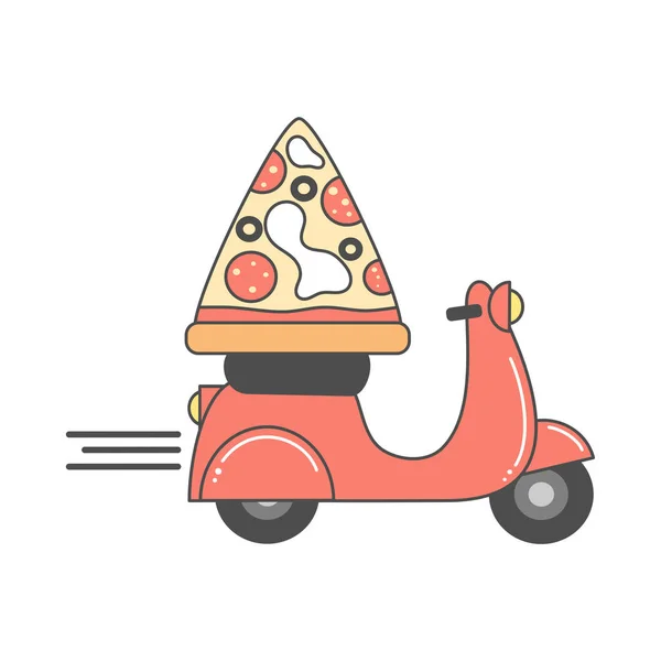 Schattig Vector Ontwerp Voor Pizza Levering Met Motorfiets Pizza Slice — Stockvector