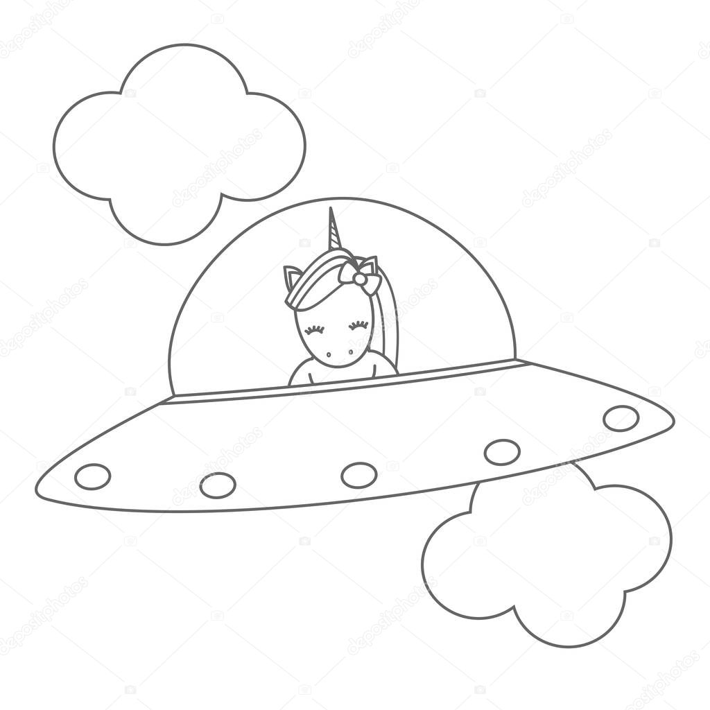 cute black and white cartoon vector ufo with unicorn in the sky illustration for coloring art