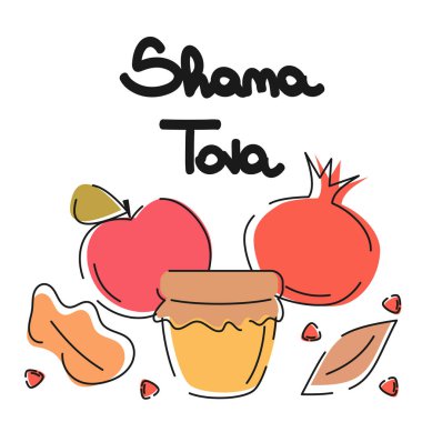 nar, yaprak, bal kavanoz, elma ve elle çizilmiş yazı shana tova metin ile Yahudi tatil Rosh Hashana için düz karikatür vektör illüstrasyon