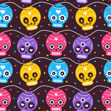 sevimli renkli mexican dia de los muertos tatil dikişsiz vektör desen arka plan illüstrasyon kafatasları ve konfeti ile