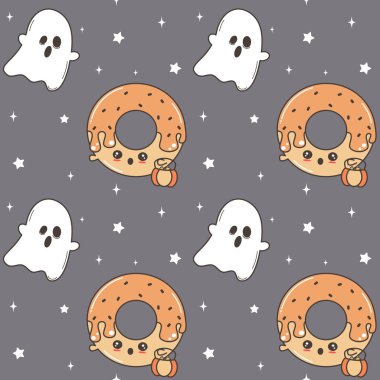 çizgi film karakteri hayalet ve donut ile sevimli güzel halloween dikişsiz vektör desen arka plan illüstrasyon