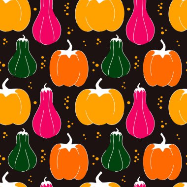 şükran, hasat ve cadılar bayramı için siyah arka plan üzerinde el çizilmiş düz kabak ve çilek sonbahar doku ile sonbahar dikişsiz renkli vektör desen illüstrasyon