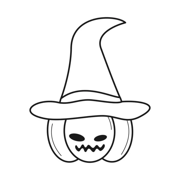 着色芸術のための魔女の帽子のイラストとカボチャと幸せなハロウィーンの黒と白のベクトル — ストックベクタ