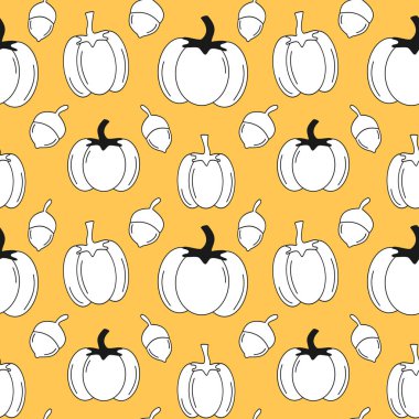 Güz sonbaharı turuncu arka planda balkabakları ve meşe palamudu ile kusursuz vektör deseni çizimi