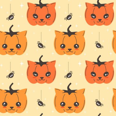 Şirin çizgi film kedisi balkabağı kusursuz vektör cadılar bayramı desenli örümcekli ve yıldızlı arkaplan çizimi