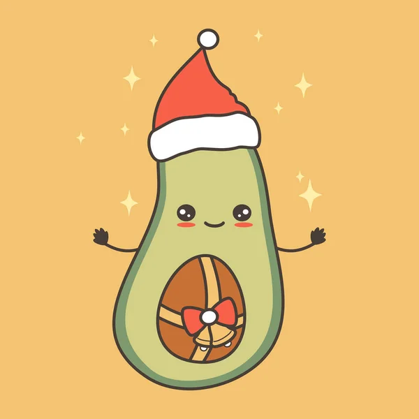 Cute Cartoon Character Avocado Christmas Santa Hat Funny Vector Illustration — ストックベクタ