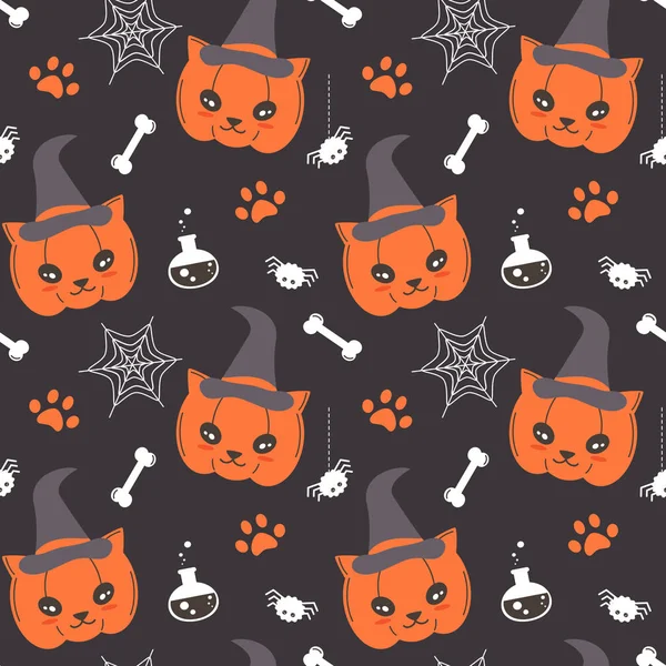 Söt Tecknad Katt Pumpa Sömlös Vektor Halloween Mönster Bakgrund Illustration — Stock vektor