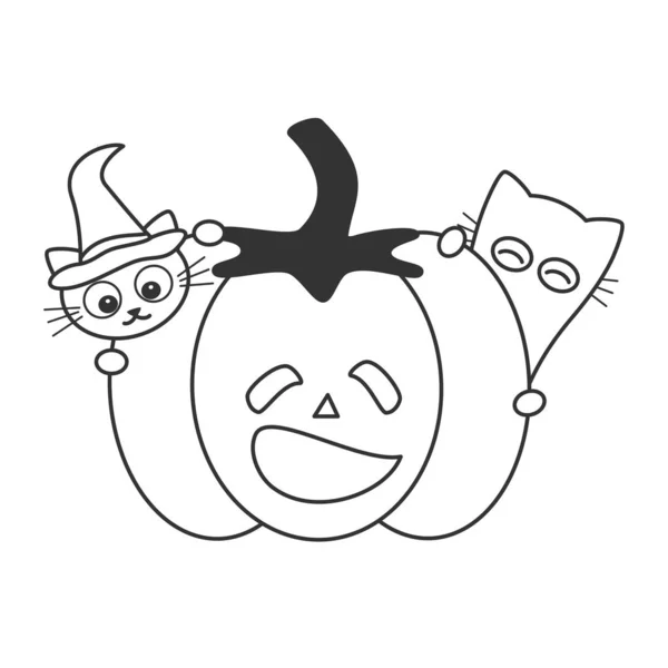 Bonito Desenho Animado Halloween Preto Branco Vetor Ilustração Com Abóbora — Vetor de Stock