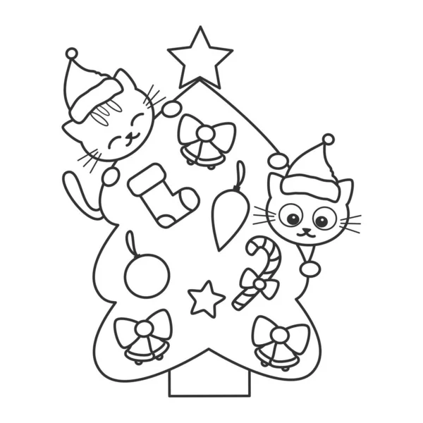可爱的卡通画黑白相间的圣诞树 上面有猫滑稽的矢量假日图解 — 图库矢量图片