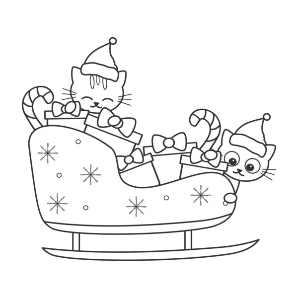Niedlichen Cartoon Katzen Schlitten Schwarz Weiß Vektor Urlaub Weihnachten Illustration — Stockvektor