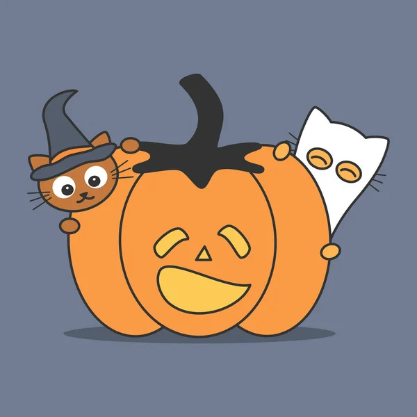 Bonito Desenho Animado Halloween Ilustração Com Abóbora Gatos Engraçado Feriados — Vetor de Stock