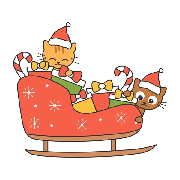 Bonito Desenhos Animados Gatos Trenó Vetor Feriados Natal Ilustração Isolado —  Vetores de Stock