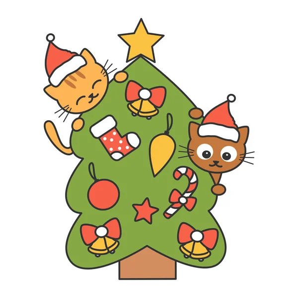 Niedlichen Cartoon Weihnachtsbaum Mit Katzen Lustige Vektor Urlaub Illustration — Stockvektor