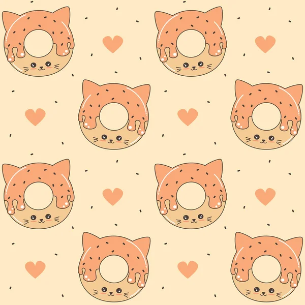 Cute Cartoon Donut Cat Funny Seamless Vector Pattern Background Illustration — Stock Vector