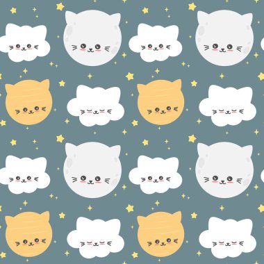 Çizgi film karakteri kedi gezegenli ve kedi bulutlu gece gökyüzü ve kusursuz vektör deseni.